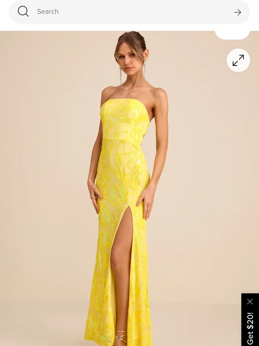Lulu's Strapless Yellow Embroidered Evening Gown with Thigh Slit